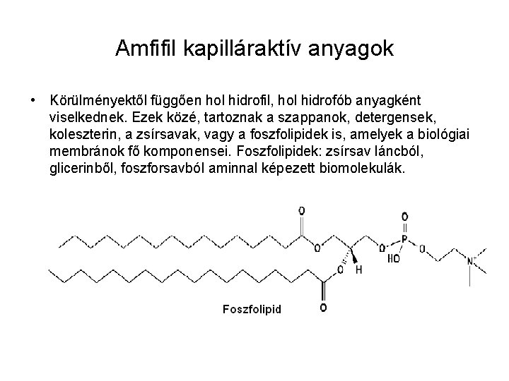 Amfifil kapilláraktív anyagok • Körülményektől függően hol hidrofil, hol hidrofób anyagként viselkednek. Ezek közé,