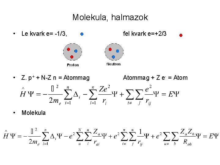 Molekula, halmazok • Le kvark e= -1/3, fel kvark e=+2/3 • Z. p+ +