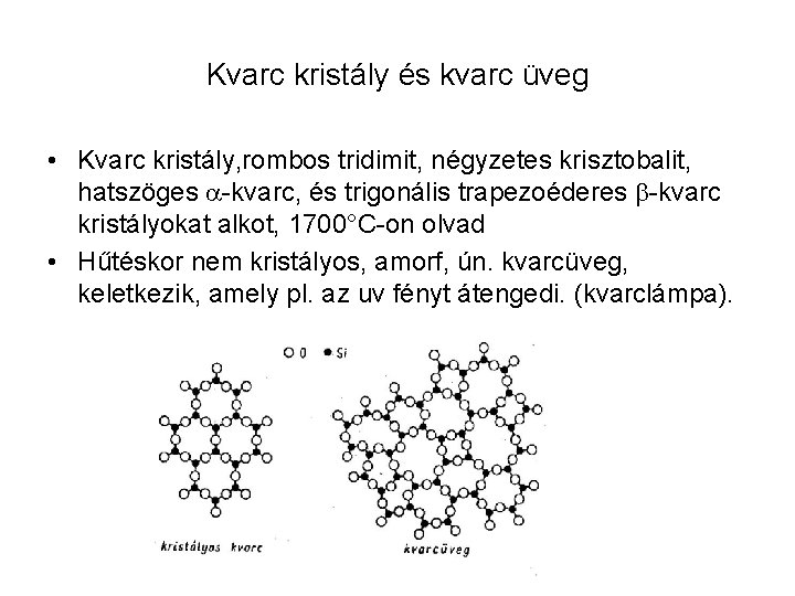 Kvarc kristály és kvarc üveg • Kvarc kristály, rombos tridimit, négyzetes krisztobalit, hatszöges -kvarc,