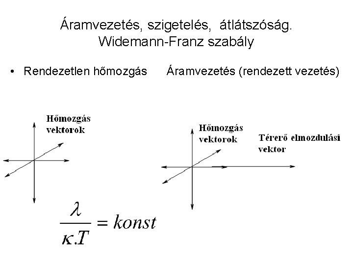 Áramvezetés, szigetelés, átlátszóság. Widemann-Franz szabály • Rendezetlen hőmozgás Áramvezetés (rendezett vezetés) 