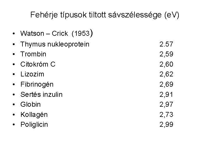 Fehérje típusok tiltott sávszélessége (e. V) • • • Watson – Crick (1953) Thymus