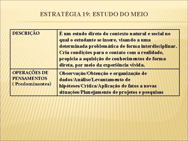 ESTRATÉGIA 19: ESTUDO DO MEIO DESCRIÇÃO É um estudo direto do contexto natural e