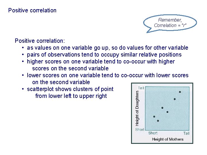 Positive correlation Remember, Correlation = “r” Positive correlation: • as values on one variable