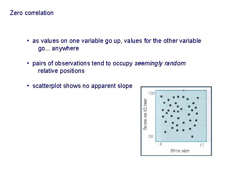 Zero correlation • as values on one variable go up, values for the other