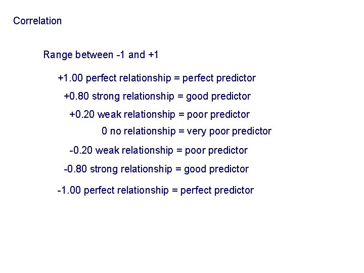 Correlation Range between -1 and +1 +1. 00 perfect relationship = perfect predictor +0.