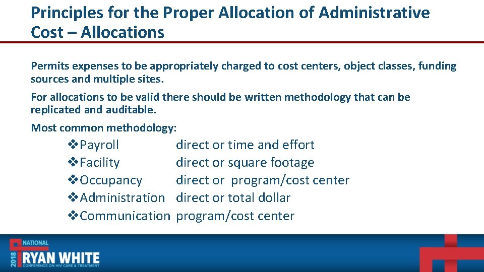 Principles for the Proper Allocation of Administrative Cost – Allocations Permits expenses to be