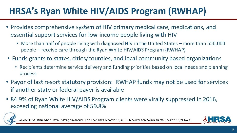 HRSA’s Ryan White HIV/AIDS Program (RWHAP) • Provides comprehensive system of HIV primary medical