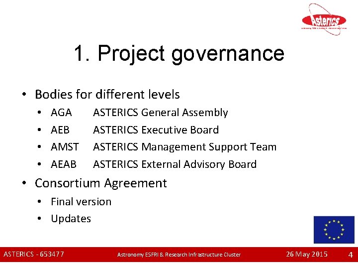 1. Project governance • Bodies for different levels • • AGA AEB AMST AEAB