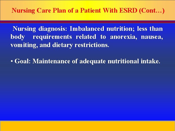 Nursing Care Plan of a Patient With ESRD (Cont…) Nursing diagnosis: Imbalanced nutrition; less