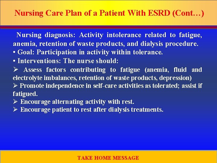 Nursing Care Plan of a Patient With ESRD (Cont…) Nursing diagnosis: Activity intolerance related