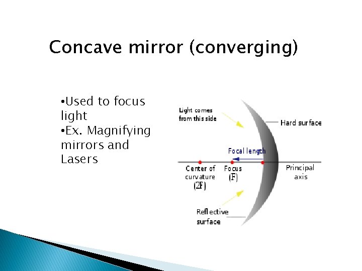 Concave mirror (converging) • Used to focus light • Ex. Magnifying mirrors and Lasers