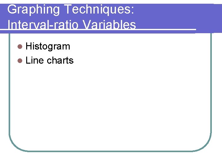 Graphing Techniques: Interval-ratio Variables l Histogram l Line charts Graphing Techniques: Interval-ratio Variables l Histogram l Line charts