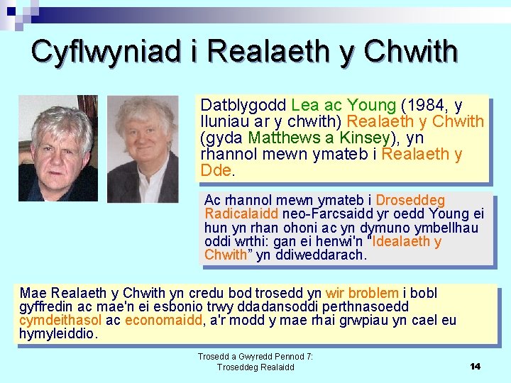 Cyflwyniad i Realaeth y Chwith Datblygodd Lea ac Young (1984, y lluniau ar y