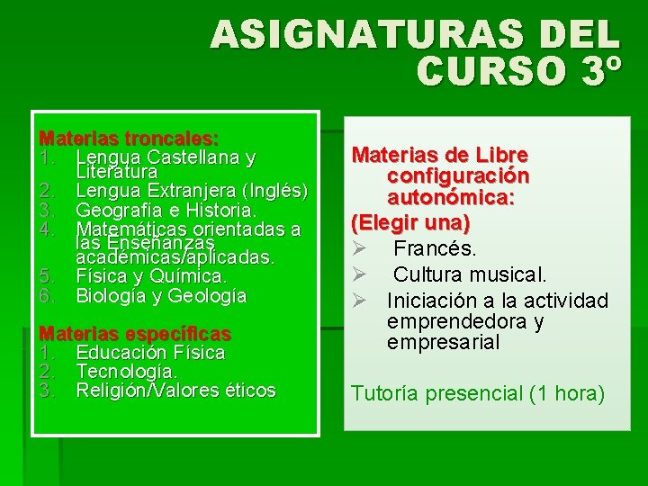 ASIGNATURAS DEL CURSO 3º Materias troncales: 1. Lengua Castellana y Literatura 2. Lengua Extranjera