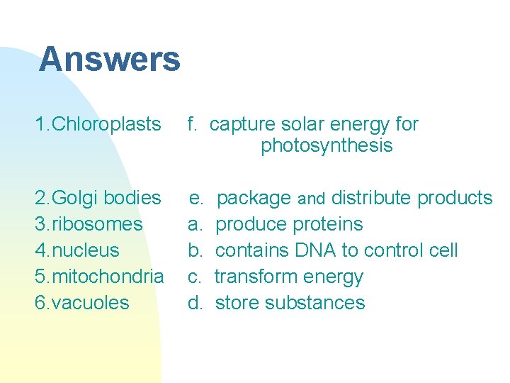 Answers 1. Chloroplasts f. capture solar energy for photosynthesis 2. Golgi bodies 3. ribosomes