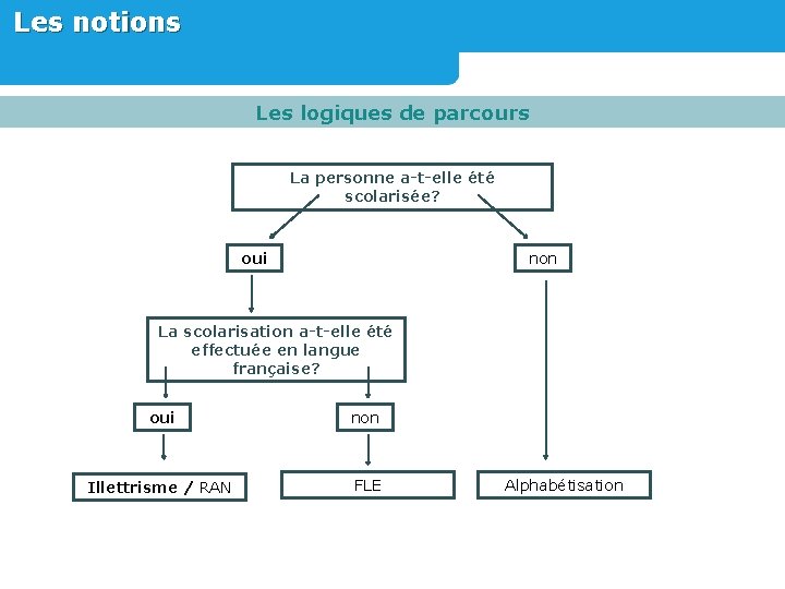 Les notions Les logiques de parcours La personne a-t-elle été scolarisée? oui non La