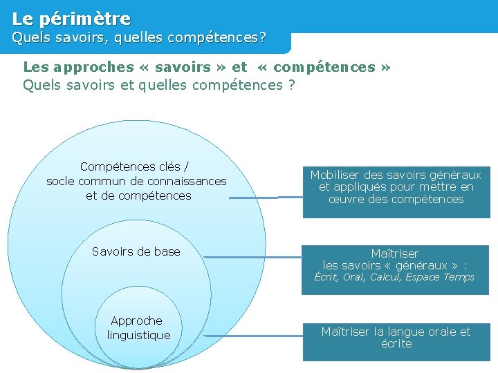 Le périmètre Quels savoirs, quelles compétences? Les approches « savoirs » et « compétences