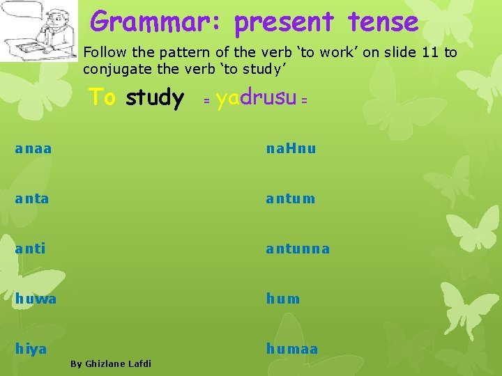Grammar: present tense Follow the pattern of the verb ‘to work’ on slide 11