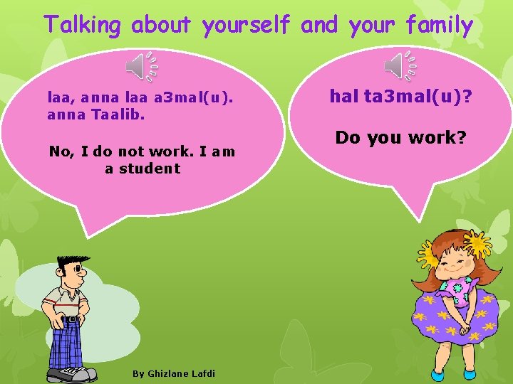 Talking about yourself and your family laa, anna laa a 3 mal(u). anna Taalib.