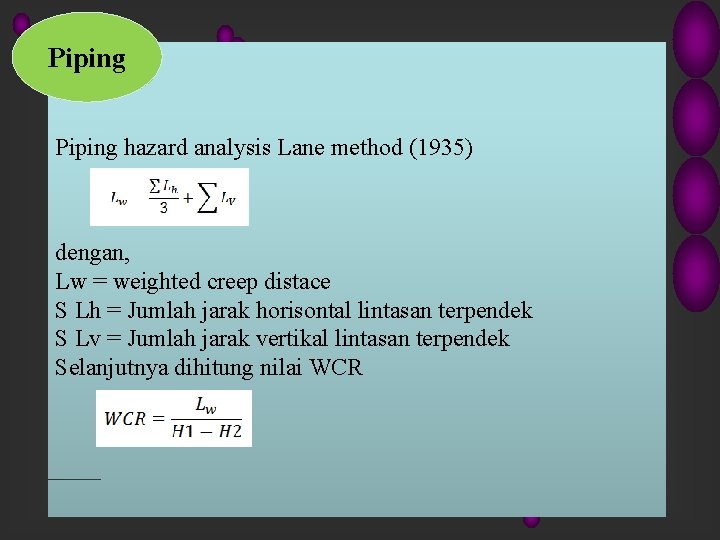 Piping hazard analysis Lane method (1935) dengan, Lw = weighted creep distace S Lh