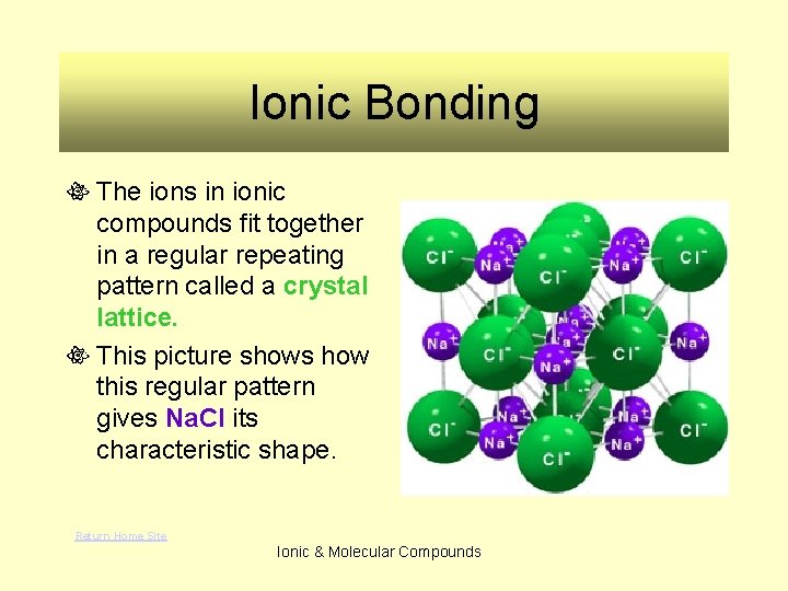 Ionic Bonding The ions in ionic compounds fit together in a regular repeating pattern