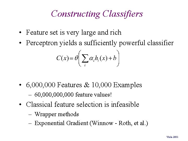 Constructing Classifiers • Feature set is very large and rich • Perceptron yields a