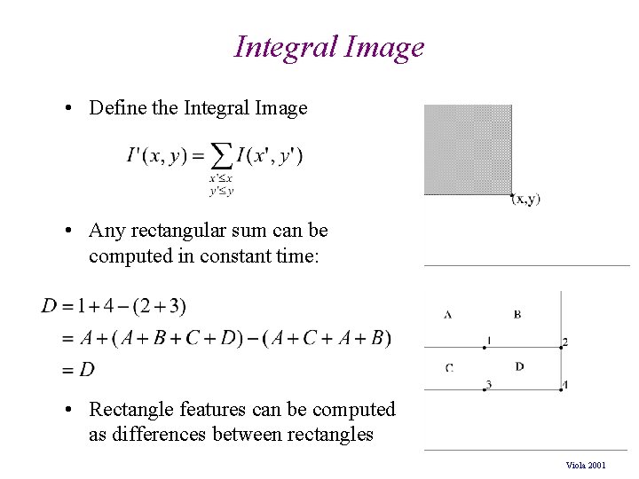 Integral Image • Define the Integral Image • Any rectangular sum can be computed