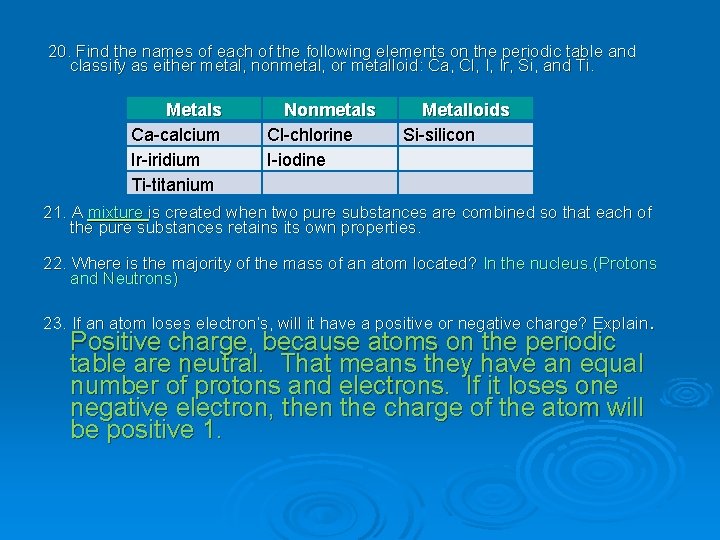 20. Find the names of each of the following elements on the periodic table