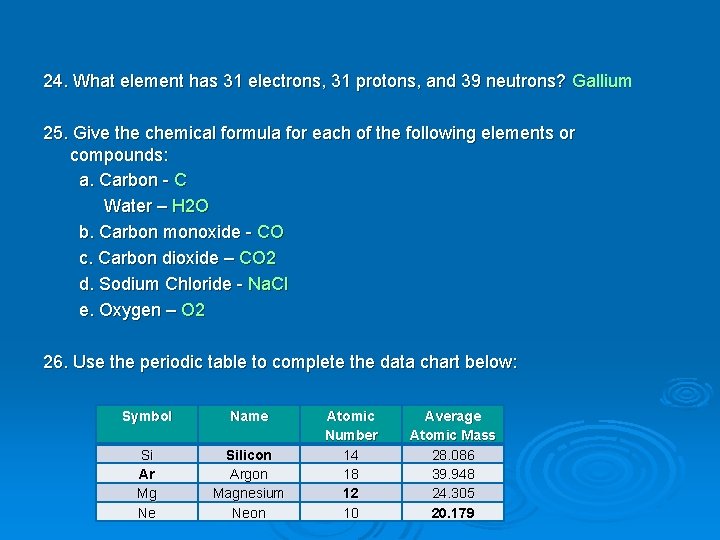 24. What element has 31 electrons, 31 protons, and 39 neutrons? Gallium 25. Give