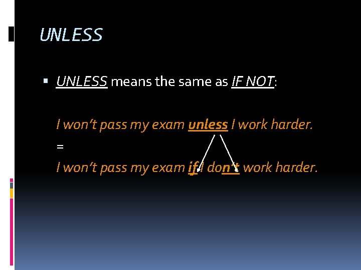 UNLESS means the same as IF NOT: I won’t pass my exam unless I UNLESS means the same as IF NOT: I won’t pass my exam unless I