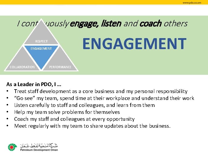 I continuously engage, listen and coach others RESPECT ENGAGEMENT COLLABORATION ENGAGEMENT PERFORMANCE As a