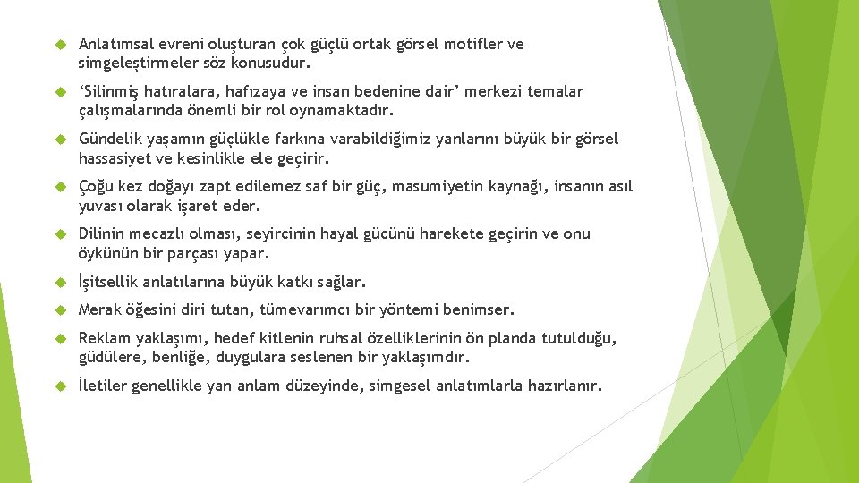  Anlatımsal evreni oluşturan çok güçlü ortak görsel motifler ve simgeleştirmeler söz konusudur. ‘Silinmiş