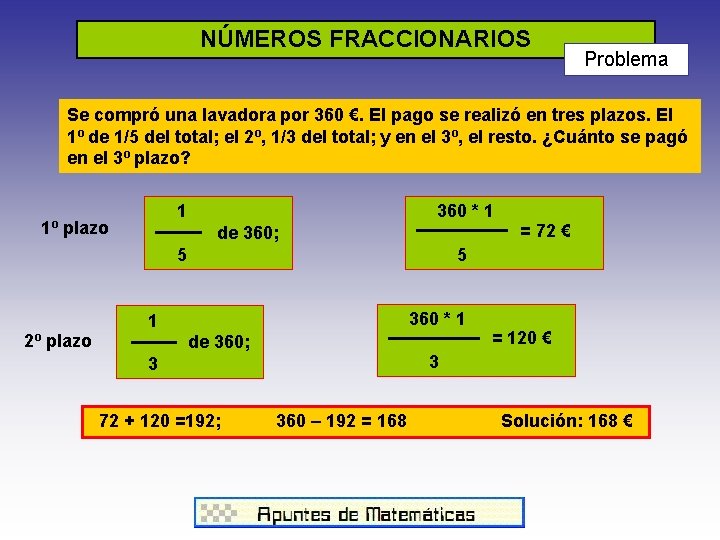 NÚMEROS FRACCIONARIOS Problema Se compró una lavadora por 360 €. El pago se realizó