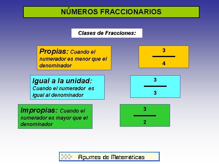 NÚMEROS FRACCIONARIOS Clases de Fracciones: Propias: Cuando el 3 numerador es menor que el