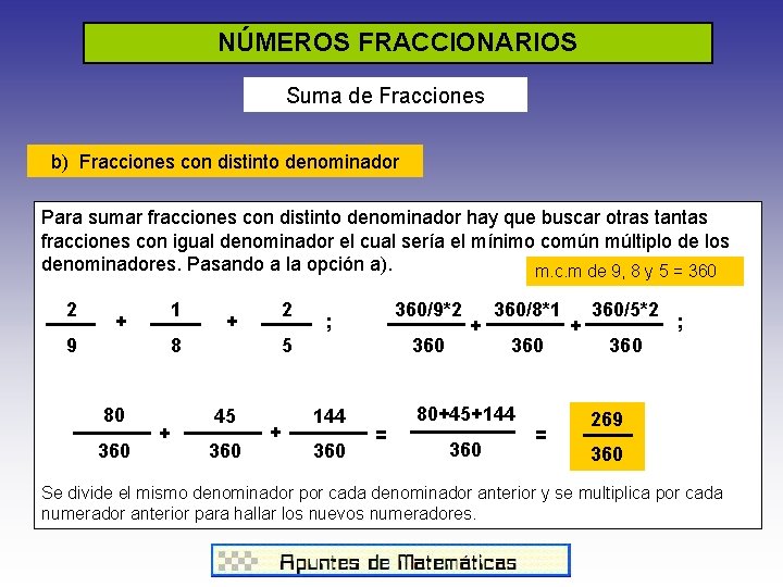 NÚMEROS FRACCIONARIOS Suma de Fracciones b) Fracciones con distinto denominador Para sumar fracciones con