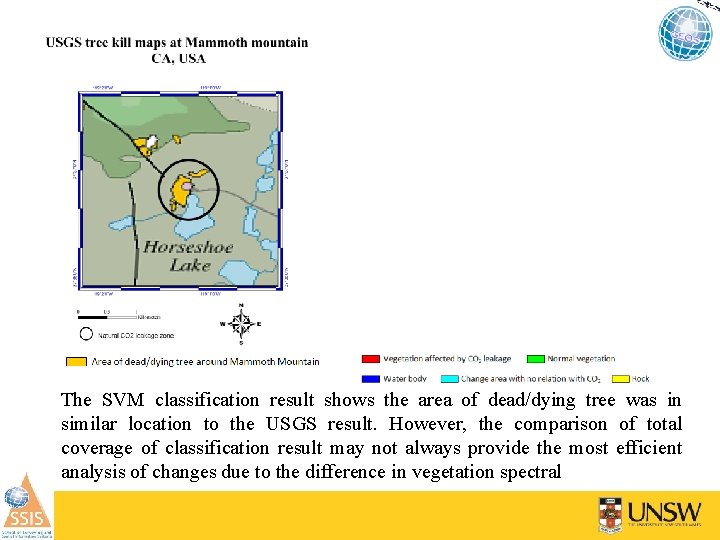 The SVM classification result shows the area of dead/dying tree was in similar location