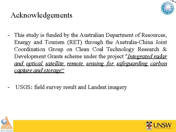 Acknowledgements - This study is funded by the Australian Department of Resources, Energy and