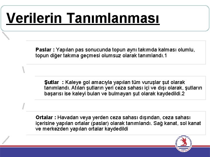 Verilerin Tanımlanması Paslar : Yapılan pas sonucunda topun aynı takımda kalması olumlu, topun diğer