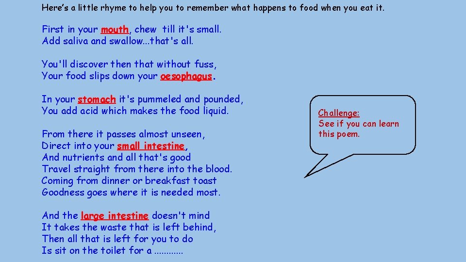Here’s a little rhyme to help you to remember what happens to food when