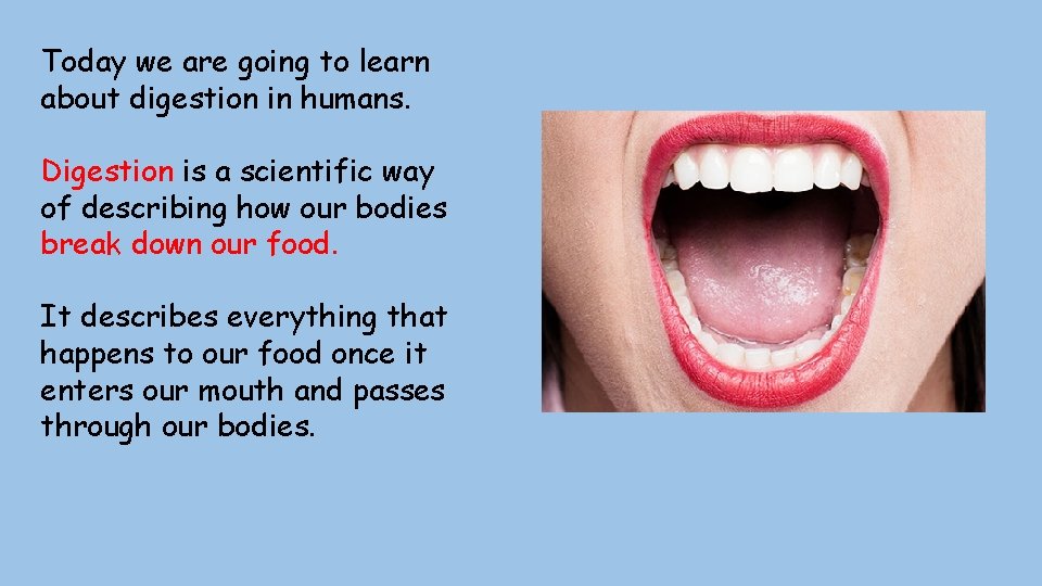 Today we are going to learn about digestion in humans. Digestion is a scientific