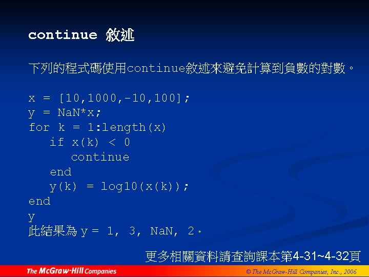 continue 敘述 下列的程式碼使用continue敘述來避免計算到負數的對數。 x = [10, 1000, -10, 100]; y = Na. N*x; for