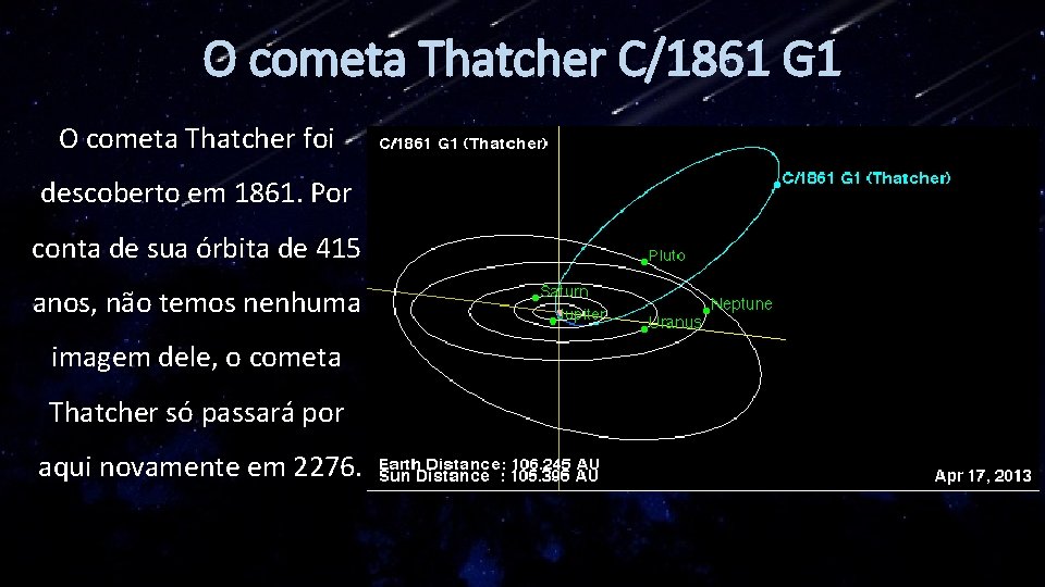 O cometa Thatcher C/1861 G 1 O cometa Thatcher foi descoberto em 1861. Por