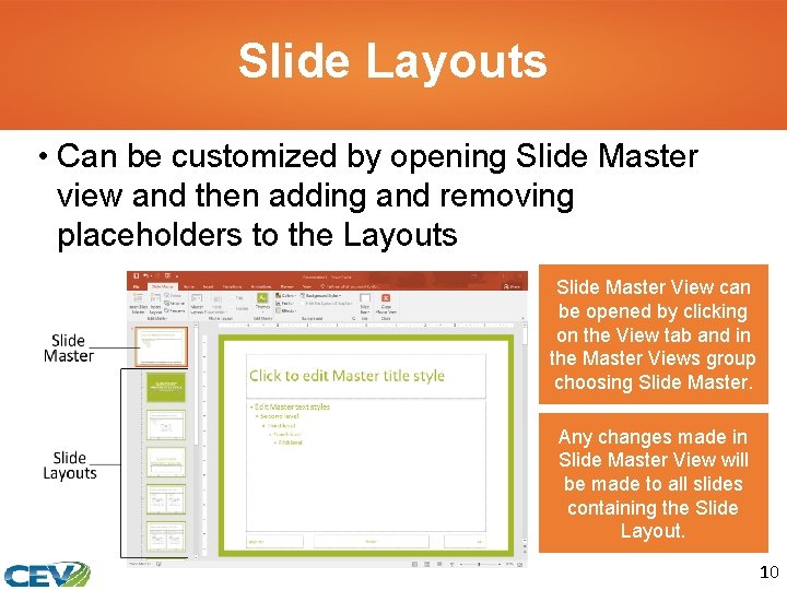 Slide Layouts • Can be customized by opening Slide Master view and then adding