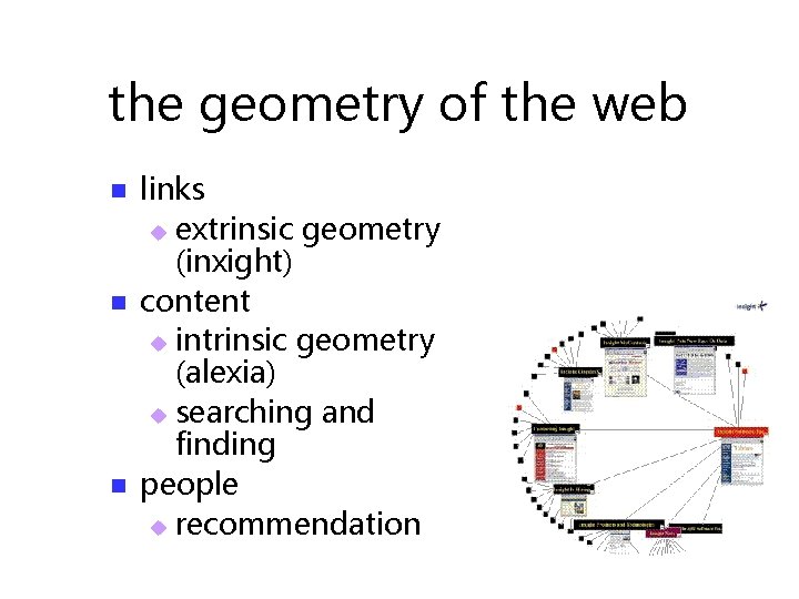 the geometry of the web n n n links u extrinsic geometry (inxight) content