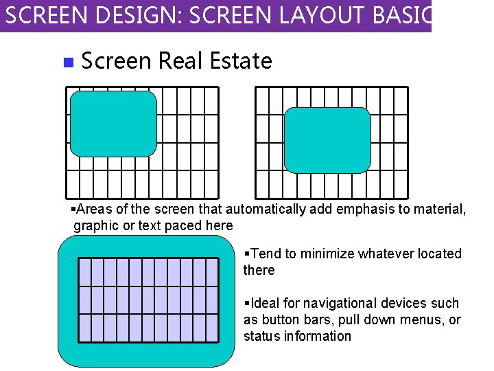 SCREEN DESIGN: SCREEN LAYOUT BASICS n Screen Real Estate §Areas of the screen that