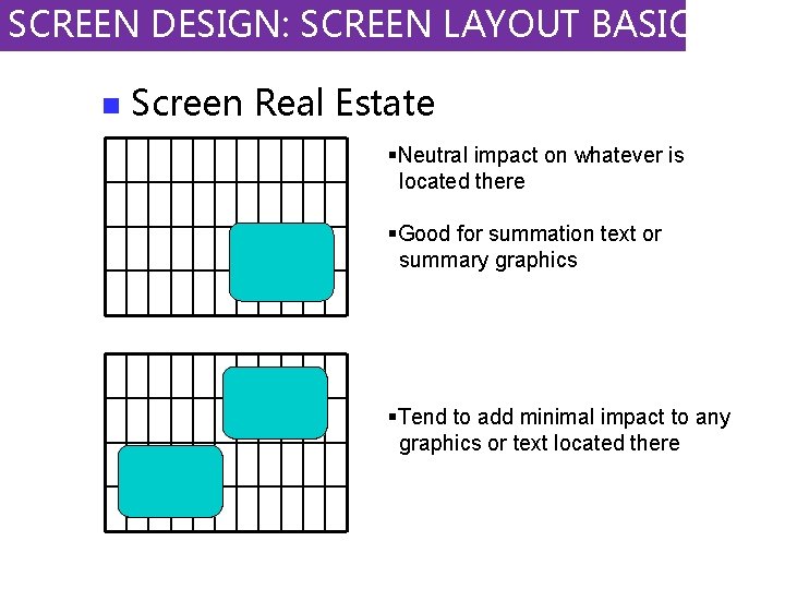 SCREEN DESIGN: SCREEN LAYOUT BASICS n Screen Real Estate §Neutral impact on whatever is