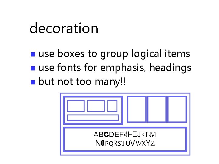 decoration use boxes to group logical items n use fonts for emphasis, headings n