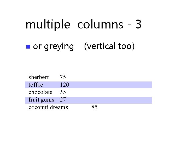 multiple columns - 3 n or greying sherbert 75 toffee 120 chocolate 35 fruit