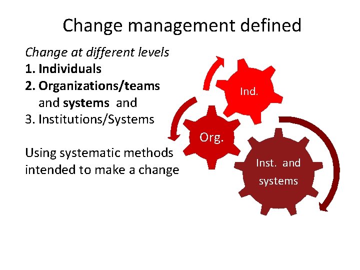 Change management defined Change at different levels 1. Individuals 2. Organizations/teams and systems and Change management defined Change at different levels 1. Individuals 2. Organizations/teams and systems and