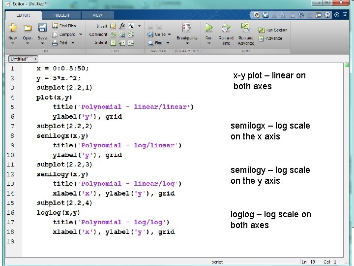 x-y plot – linear on both axes semilogx – log scale on the x